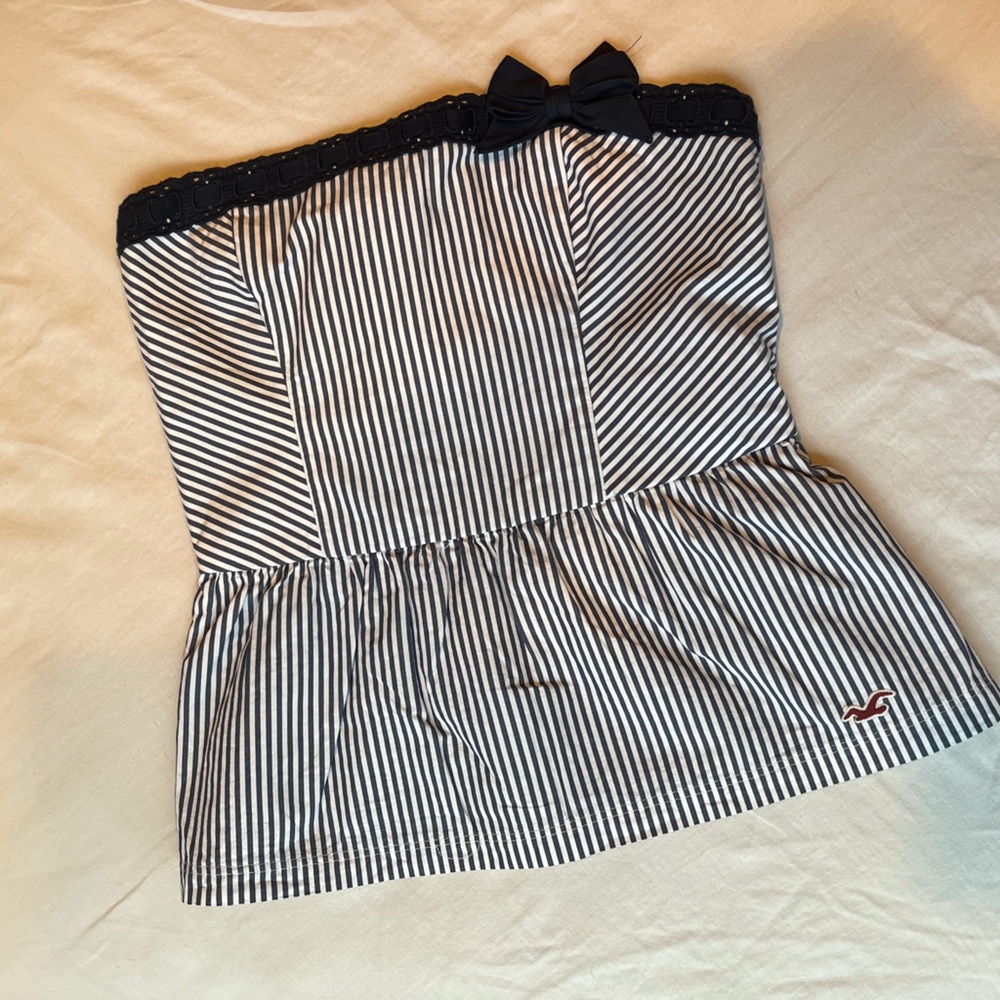 Hollister Striped Peplum Tube Top with Lace and Bow Detail